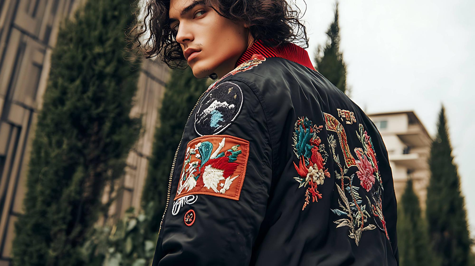 Large editorial shot of embroidered jacket sleeve with layered thread